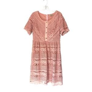 Polagram Dress Pink Lace Button‎ Front Short Sleeve Guipure Lace Dainty Medium